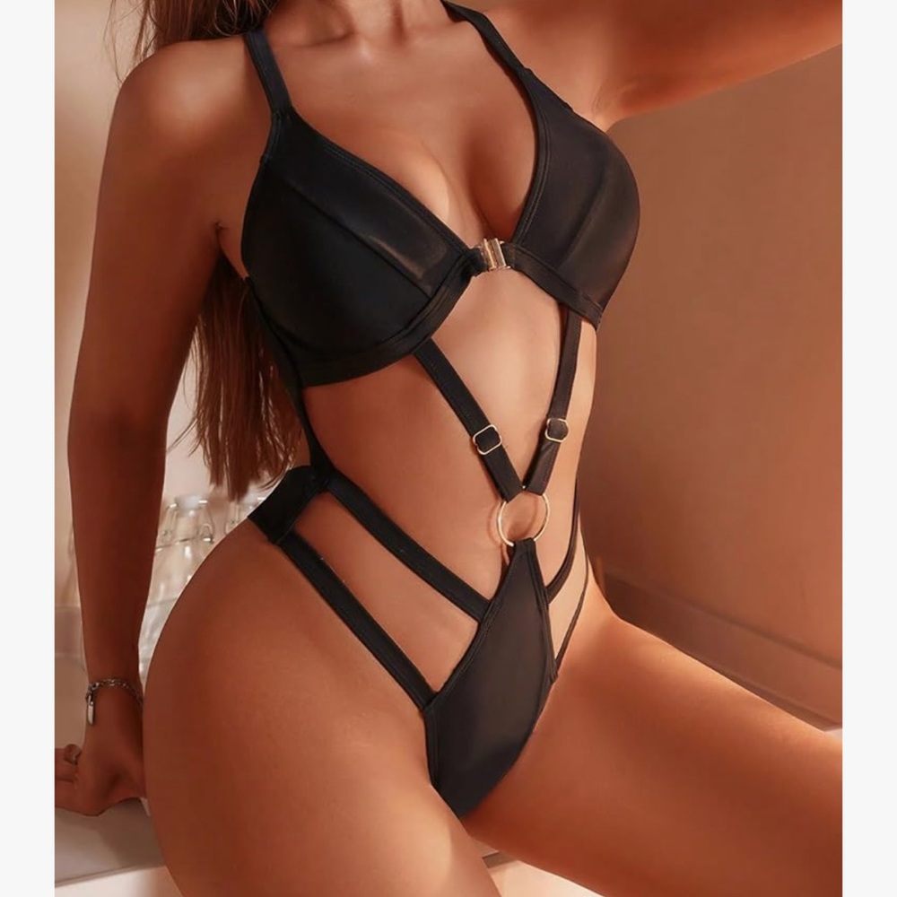 White swimsuit bodysuit rave sexy strappy bondage chain pearl body harness ring - Picture 2 of 6